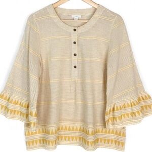 J.Jill Shirt Organic Cotton Bell Sleeve‎ Stripe Gold Geometric Border XSP Boho